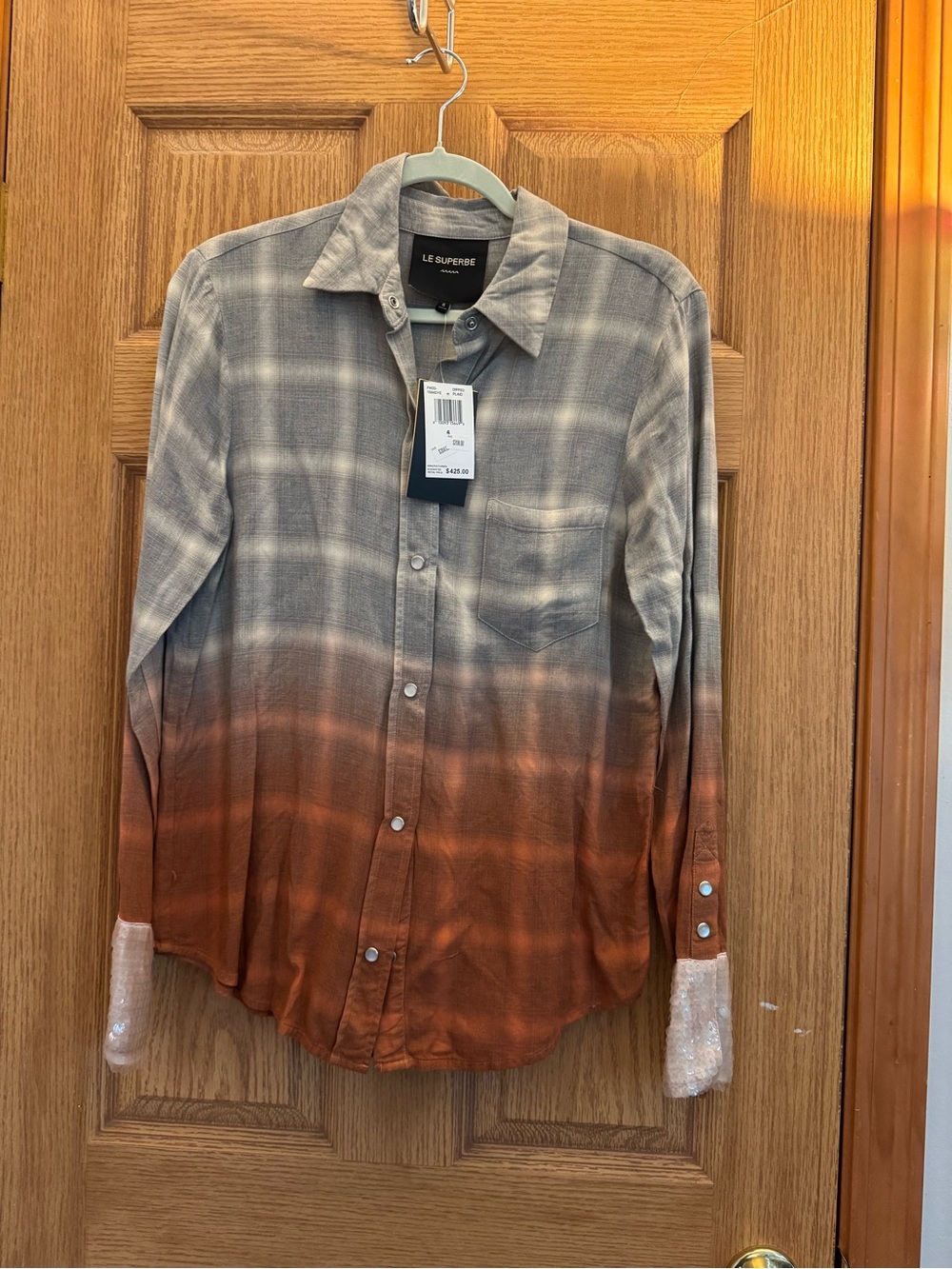 NWT Le Superbe Eddie Dip-Dyed Plaid Snap-Front Shirt Sequined Cuffs